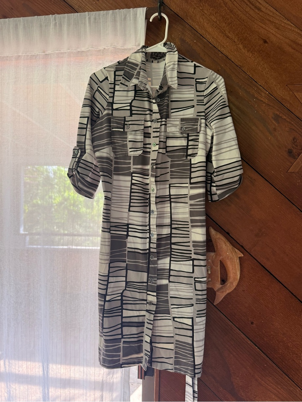 Button-Front Midi Shirt Dress in Black and White